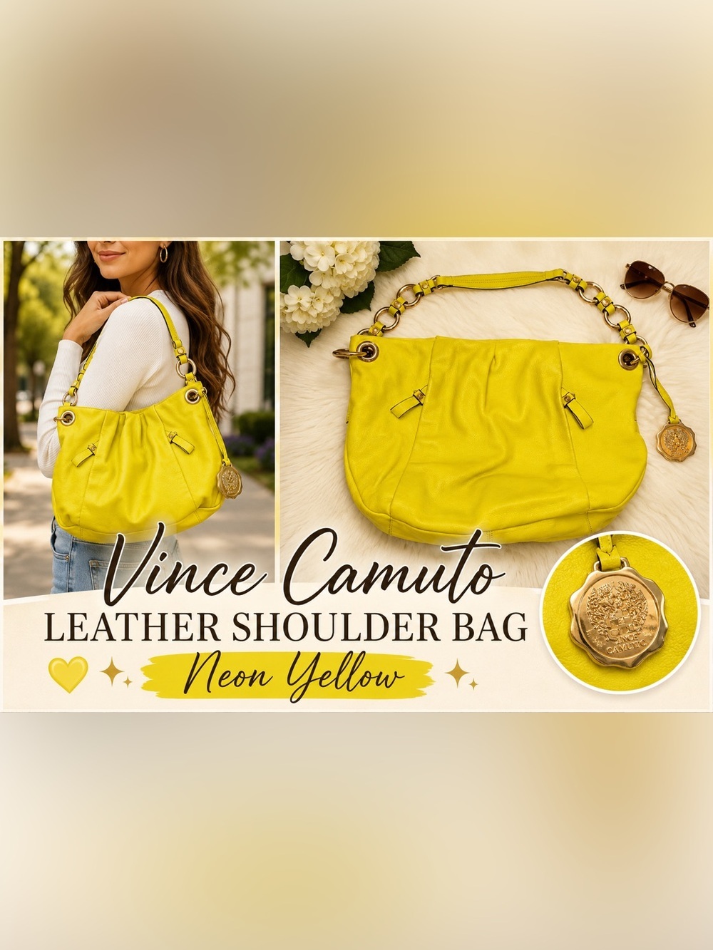 Vince Camuto Neon Yellow Leather Shoulder Bag Gold Hardware Hobo Purse